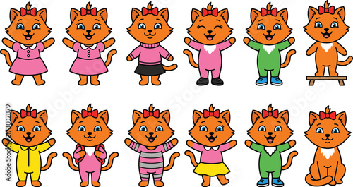 Foto Cute Cartoon Orange Kitten Character Set with Diverse Outfits Pyjamas Dresses an