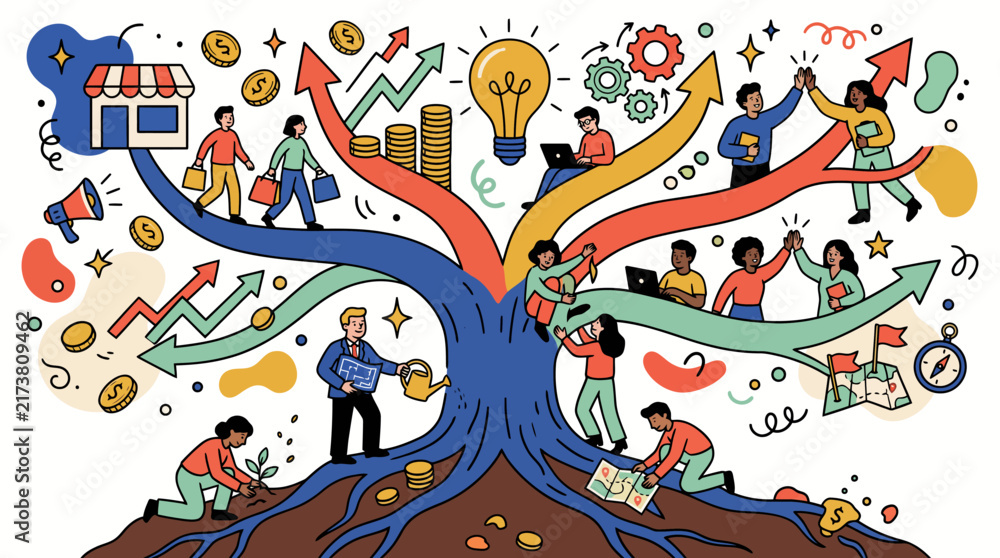 Naklejka premium Playful hand drawn doodle vector illustration of a business growth tree with branches showing team collaboration, startup investment, e-commerce, and strategy.
