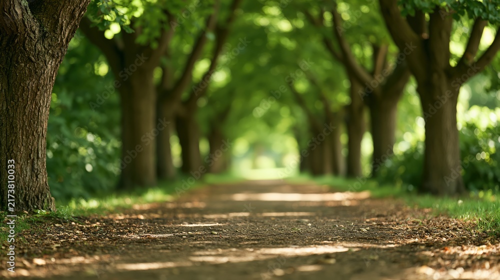 Obraz premium sunlit tree lined path leading into green park