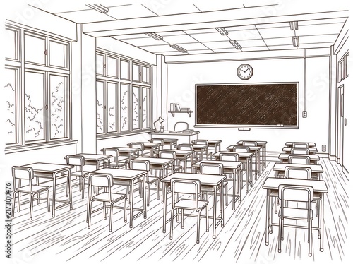 Perspective line drawing of an empty modern classroom.