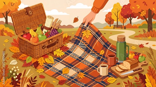 Picnic basket and blanket in a scenic autumn park.