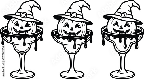 Set of three spooky halloween cocktail glass illustrations featuring jack o lantern pumpkins wearing witch hats with dripping slime.