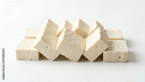 Fresh raw tofu cubes arranged on a white background