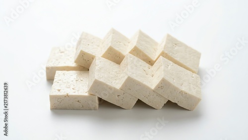 Sliced fresh white tofu blocks arranged on a plain background