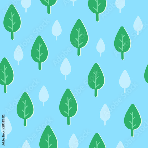 Cute Green Leaf Pattern on Blue Background