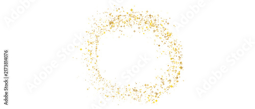 Gold glittering star dust circle frame on white background