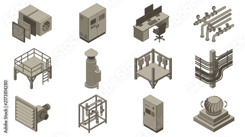 Cuadro en lienzo Isometric office furniture and equipment set in beige tones.
