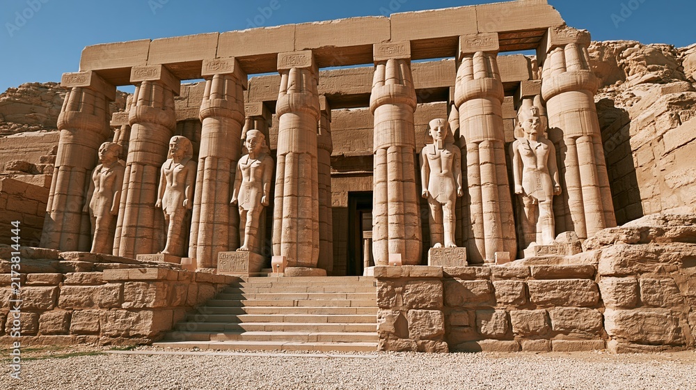 Naklejka premium Ancient Egyptian temple facade with statues and columns