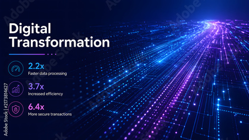 Digital transformation vector background with glowing perspective circuit lines. Business dashboard displays efficiency stats and tech icons. Ideal template for corporate data presentations.