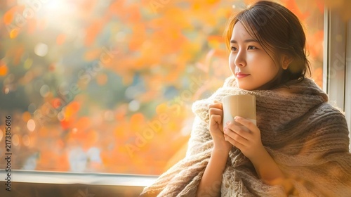 ​A photo of a cozy autumn morning. A beautiful authentic Asian woman wrapped in a chunky knit blanket, holding a warm mug of coffee, sitting by outside, blurred autumn, warm, orage tone
