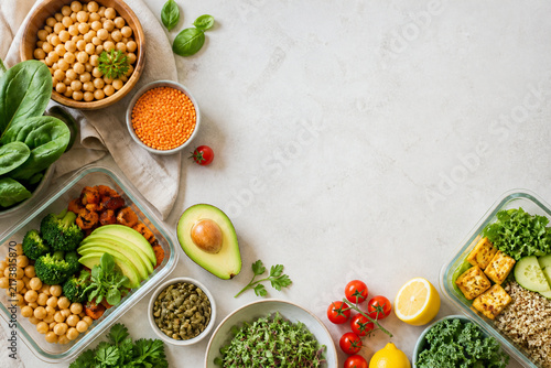 Plant Based Meal Prep Flat Lay with Fresh Ingredients and Copy Space