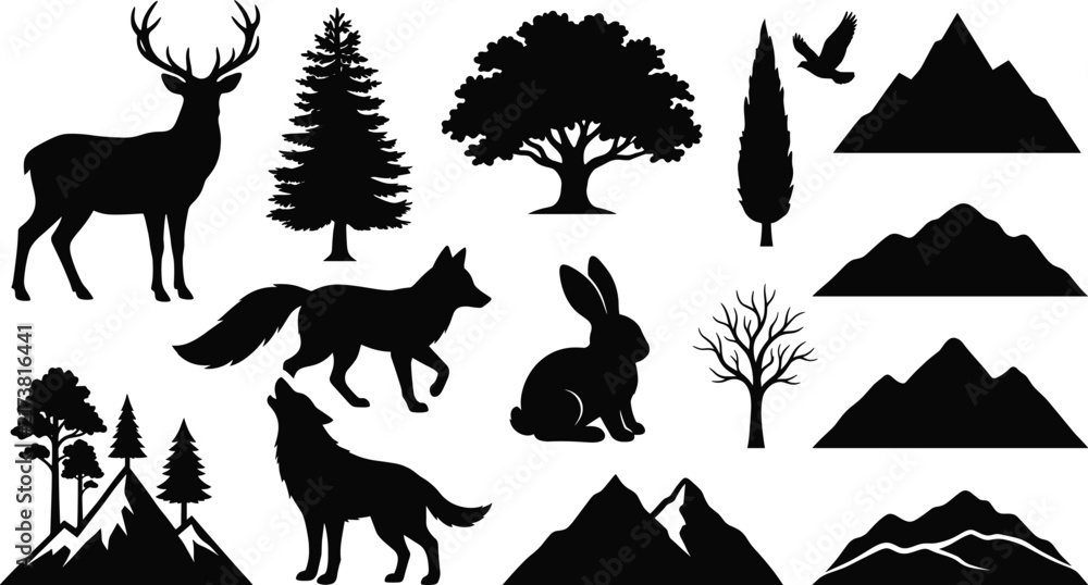 Fototapeta premium Forest wildlife and mountain landscape vector silhouettes collection set deer wolf fox rabbit trees nature graphic design elements