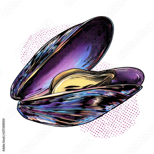 Stippled Illustration Of A Fresh Open Mussel Shell Featuring Vibrant Purple And Blue Tones