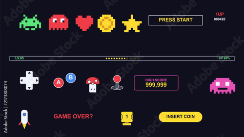 Retro arcade game screen with pixelated characters, icons, and game elements like score and level