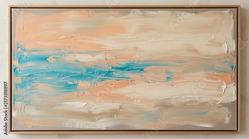 Abstract oil painting on canvas with soft neutral beige tones and vibrant turquoise blue accents in a frame