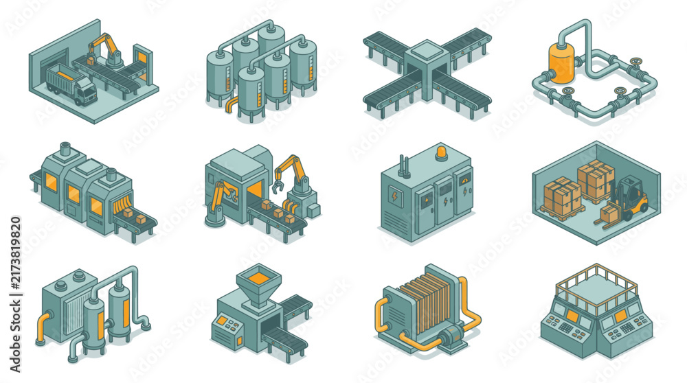 Obraz premium Isometric Industrial Factory Buildings and Warehouses Collection.