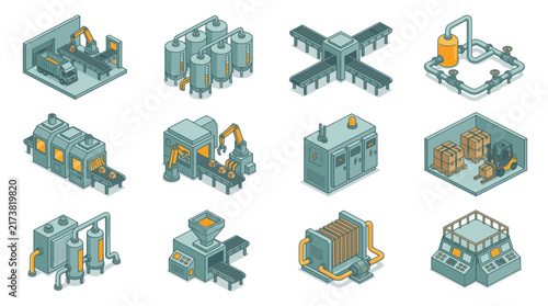Isometric Industrial Factory Buildings and Warehouses Collection.