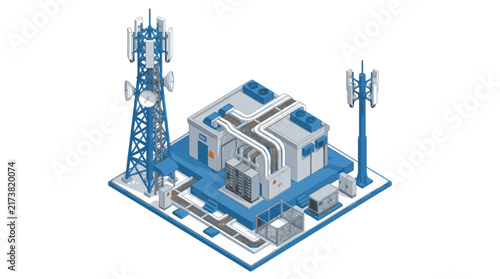 Modern Telecommunications Data Center with Cell Towers.