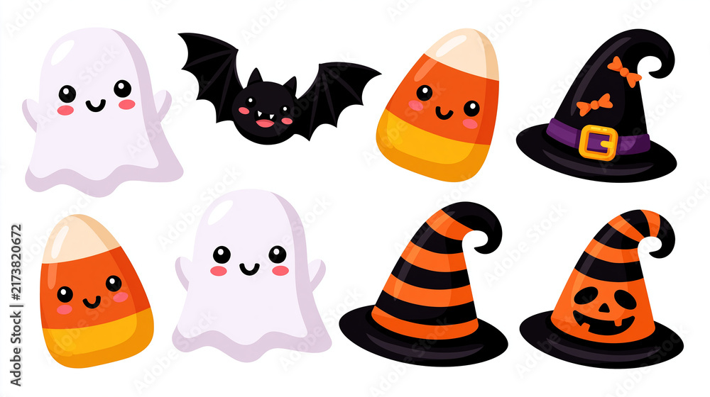 Obraz premium A set of cute friendly Halloween clipart elements, featuring smiling little ghosts, cute bats, candy corn, and cute witch hats, flat illustration, 2D graphic, bright colors, cheerf