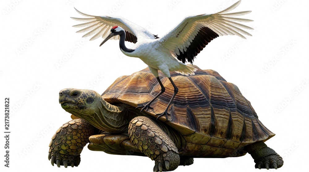 Fototapeta premium Red crowned crane with white wings perches on large tortoise shell. Elegant bird stands on land turtle against white background. Symbolic animal pairing represents longevity, luck in Asian culture.