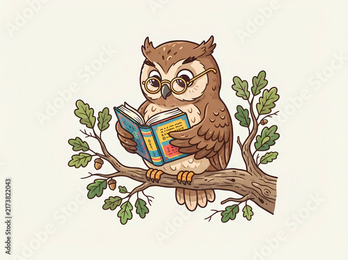 Wise cartoon owl wearing glasses reading a book while perched on an oak tree branch.