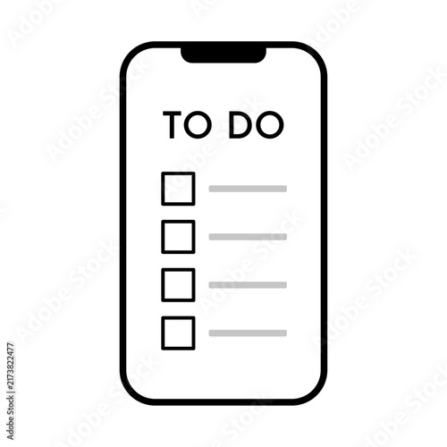 Smartphone with to-do checklist icon, black and white line illustration