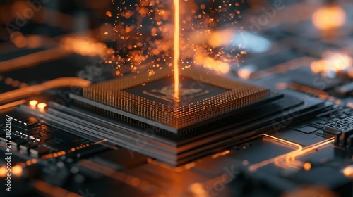 Fotografie Glowing microprocessor chip on circuit board with light