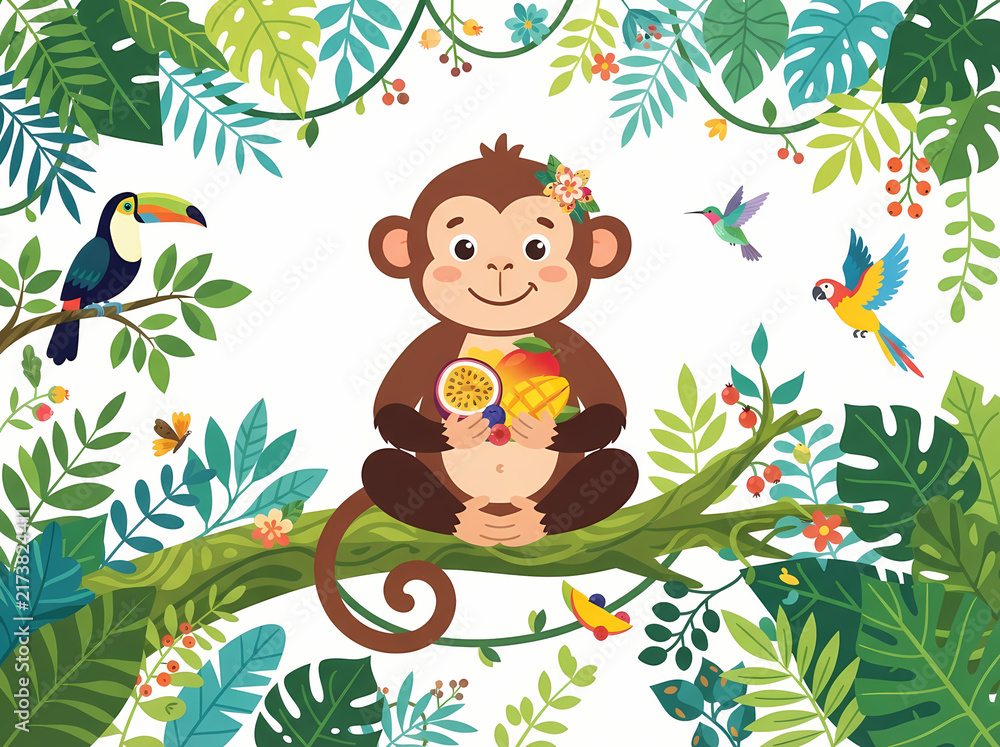 Naklejka premium A cute cartoon monkey sitting on a tree branch holding tropical fruits.