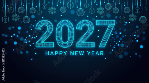Futuristic 2027 Happy New Year neon glowing digital tech banner design