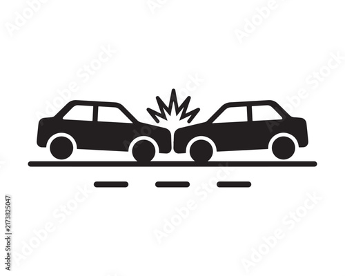 Car collision icon showing two vehicles crashing on the street with car accident traffic collision auto crash road accident crash sign car impact insurance claim collision symbol collision