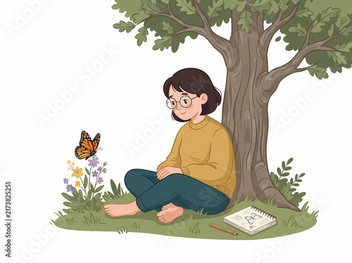 Young person with glasses sitting peacefully under a tree watching a butterfly.
