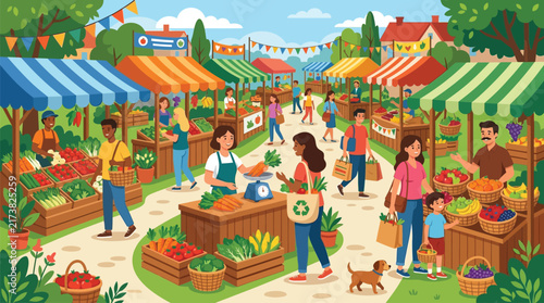 Diverse people shopping for fresh produce at a vibrant outdoor farmers market during a sunny day