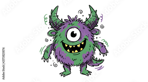 Canvas Print Cute Cartoon Monster with One Eye and Horns