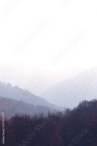 Autumn landscape with layers of misty hill horizons with negative space
