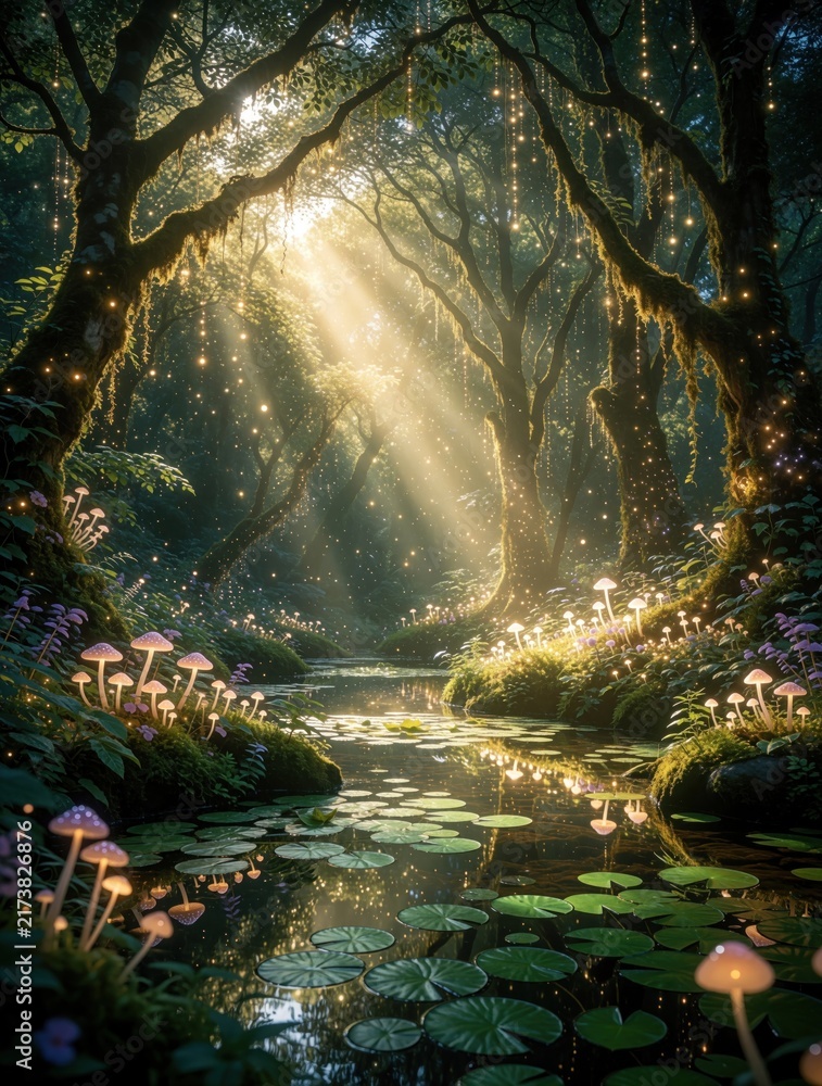 Naklejka premium Enchanted forest with glowing mushrooms and sparkling lights. Sunbeams pierce lush trees over a calm stream with lily pads. Magical fantasy nature scene.