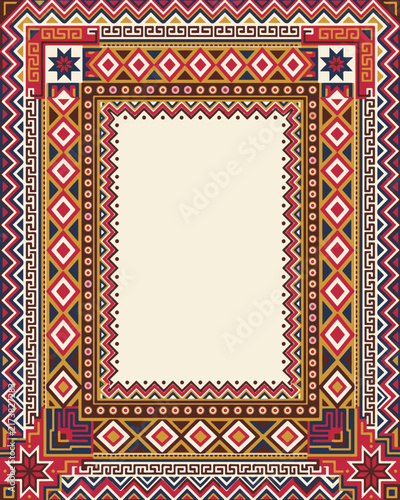 Russian folk art vector background with abstract Matryoshka motifs, rounded florals, and copy space.