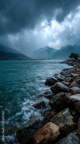 Dramatic Lake Scene with Stormy Skies and Rocky Shoreline.