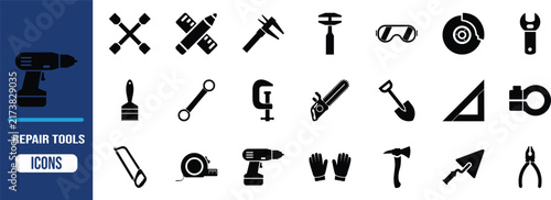 Repair tools vector icon set. drill icon set, wrench icon set, tape icon set