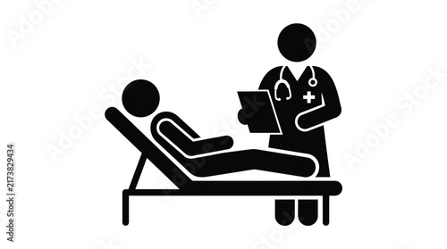 Medical doctor performing health checkup for patient lying down on hospital bed flat vector illustration