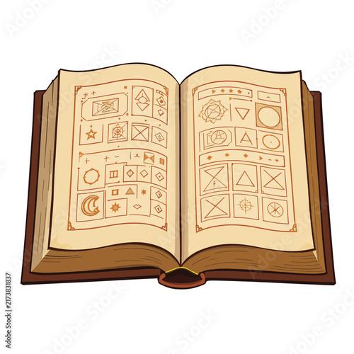 Open vintage book with geometric symbols and icons on aged pages ancient knowledge concept