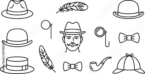 Gentleman and Vintage Fashion Icon Set Featuring Classic Hats Monocle Bow Tie Smoking Pipe and Feathers Graphic Symbols