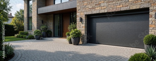 Modern house features automatic garage door made of dark metal. Stone facade contrasts with wood front door and rich green plants creating curb appeal.