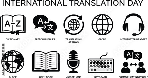 Картината върху платно International Translation Day icon set, black language interpreter symbols, 10 v