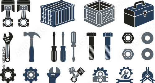 Industrial Mechanical Tool Icon Set with Car Pistons Cargo Container Wooden Crate Screwdriver Hammer Wrench and Hardware Gear Symbols
