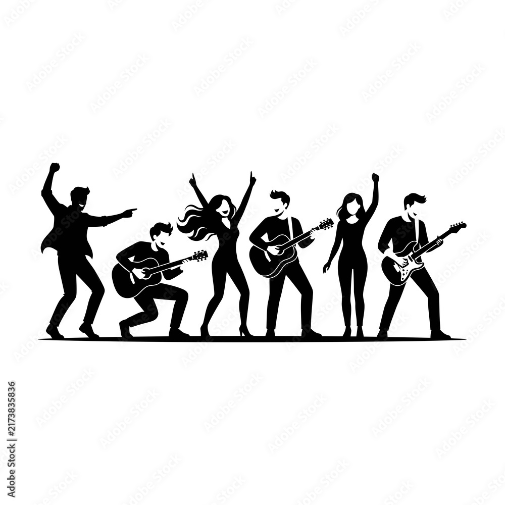 Obraz premium Rock Band Silhouette Performing Music on Stage Concert