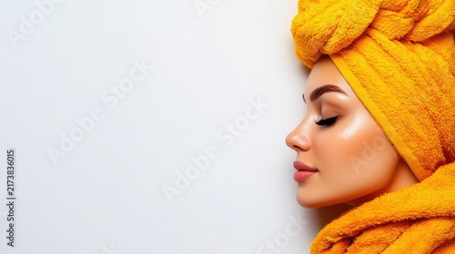 A woman with smooth, glowing skin is featured in a close up profile shot with her eyes closed