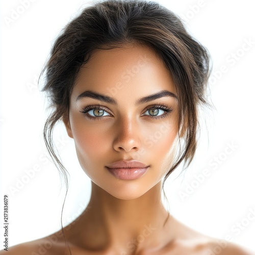 A young woman with clear, glowing skin and striking blue eyes gazes directly at the camera. Her dark brown hair is styled in a loose, slightly tousled manner with soft waves framing her face