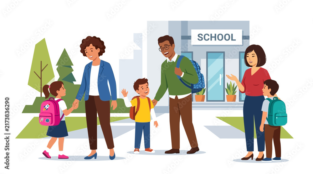 Obraz premium Parents Accompany Children to School Entrance