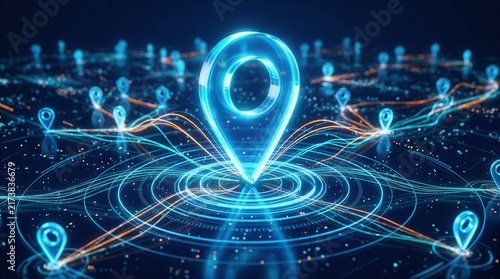 Glowing blue location pins and connection lines on a digital map for business analytics and navigation concepts.
