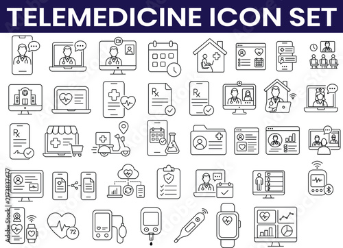 Telemedicine and Digital Healthcare Line Icon Set with Doctor Patient Video Call Laptop Smartphone and Medical Symbols
